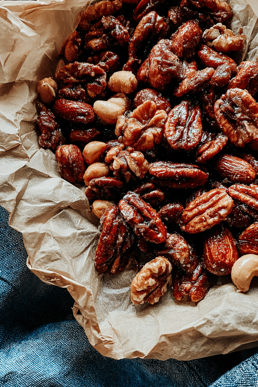 Caramelized Dragon Roasted Nuts mix with pecans, almonds, and peanuts on rustic parchment paper.