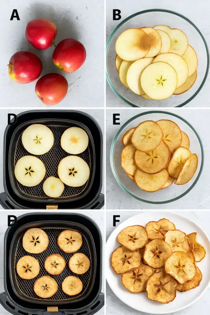 step by step process of making air fryer apple chips from fresh apples to crispy chips