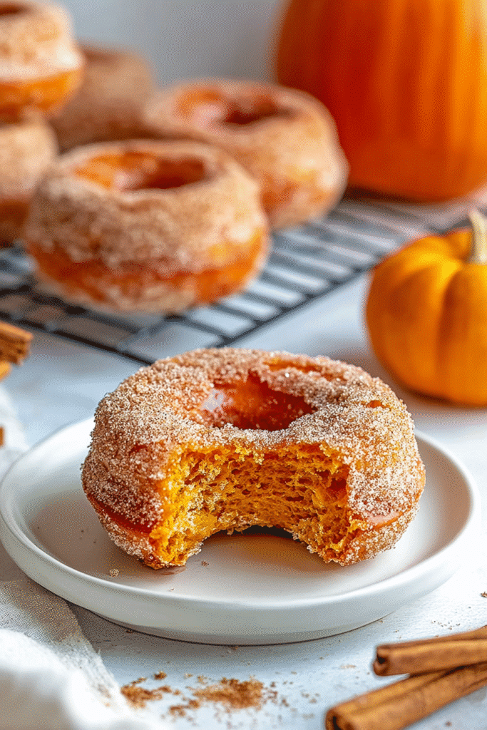 Easy baked pumpkin donut with a bite taken out, showing soft pumpkin interior and cinnamon sugar coating.