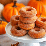 Easy baked pumpkin donuts coated in cinnamon sugar on a cake stand with pumpkins in the background.