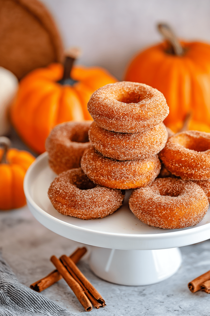Easy baked pumpkin donuts coated in cinnamon sugar on a cake stand with pumpkins in the background.