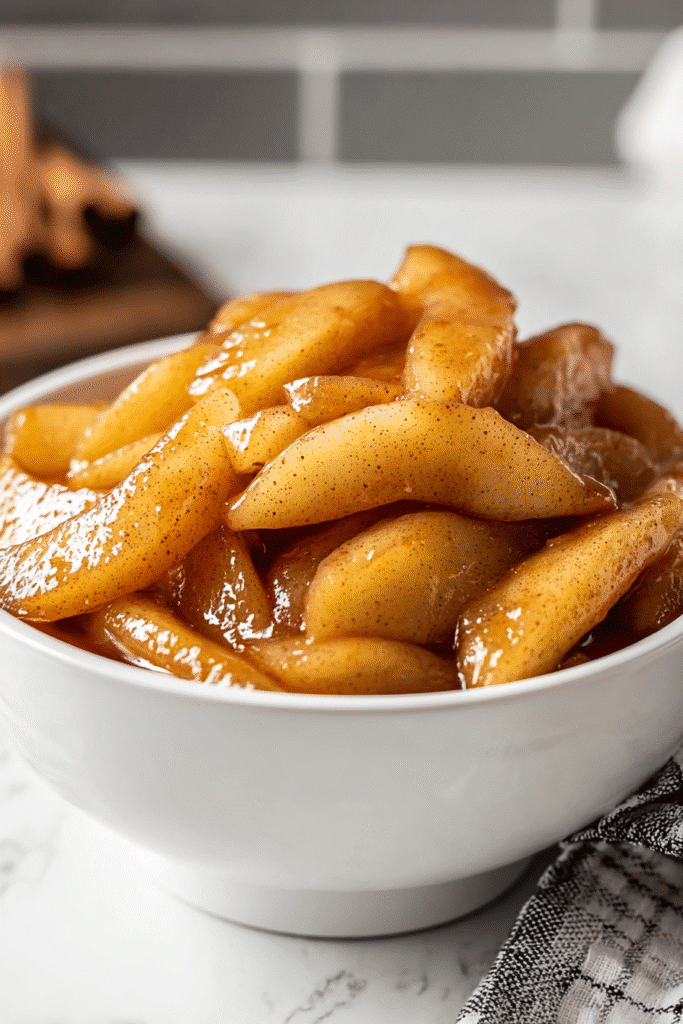 Homemade apple pie filling recipe with cinnamon-coated apples in a white bowl.