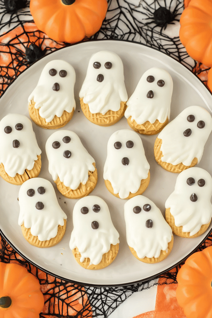 Plate of Nutter Butter Ghost Cookies decorated with white chocolate and candy eyes for Halloween.