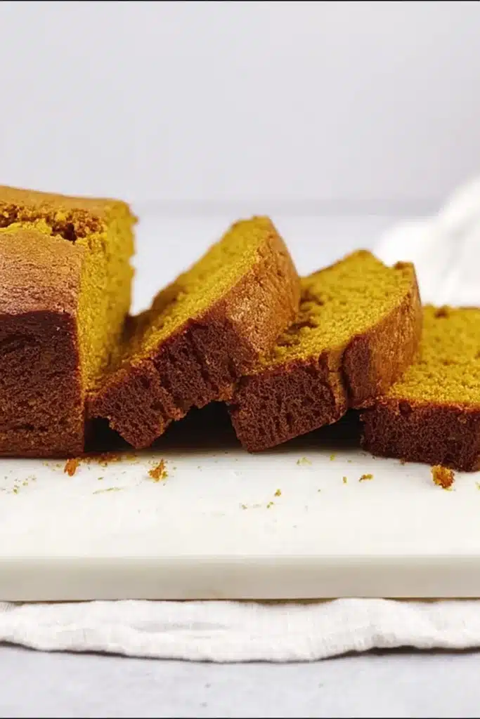 easy pumpkin bread loaf sliced on marble board with golden crust
