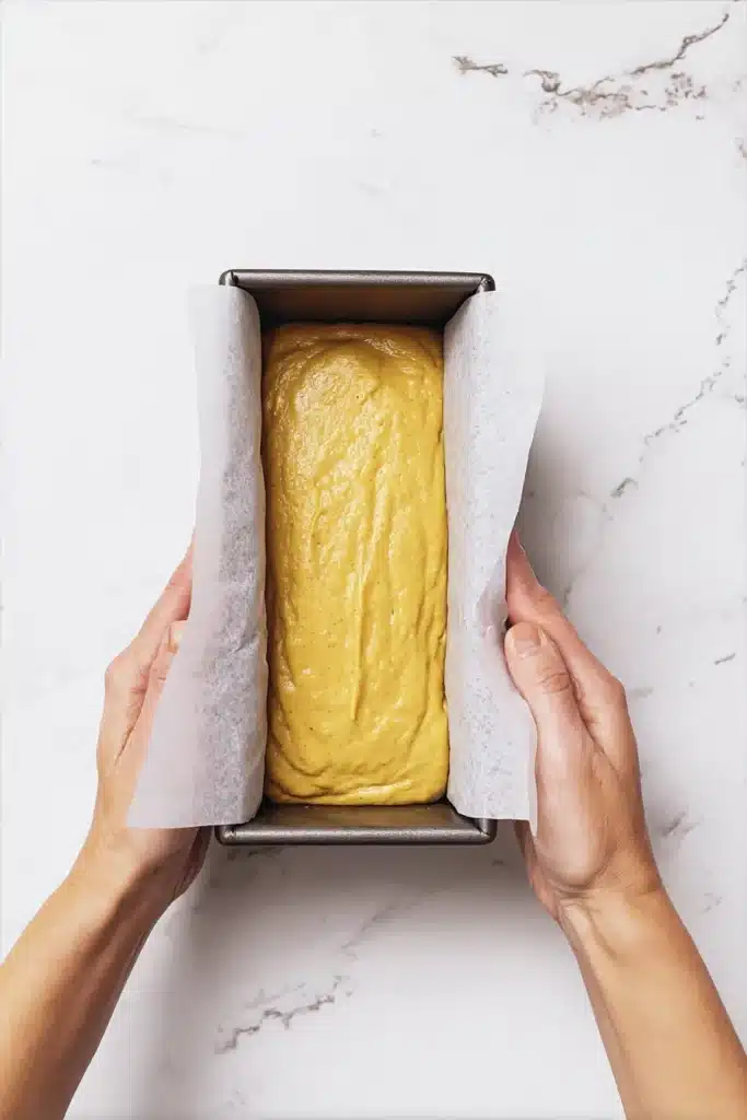 easy pumpkin bread batter in loaf pan before baking