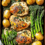 Sheet pan garlic butter chicken and veggies with potatoes asparagus and broccoli