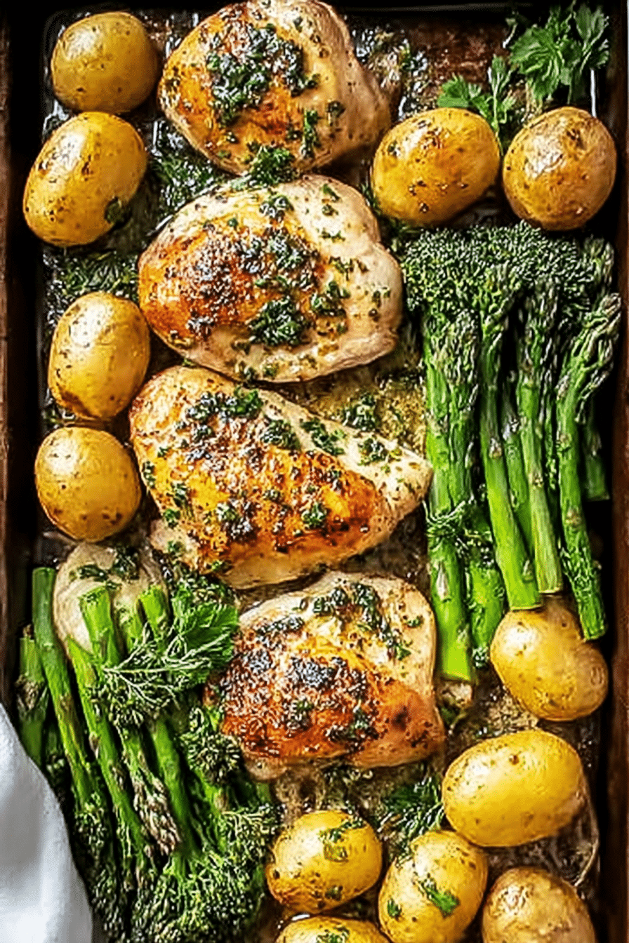 Sheet pan garlic butter chicken and veggies with potatoes asparagus and broccoli
