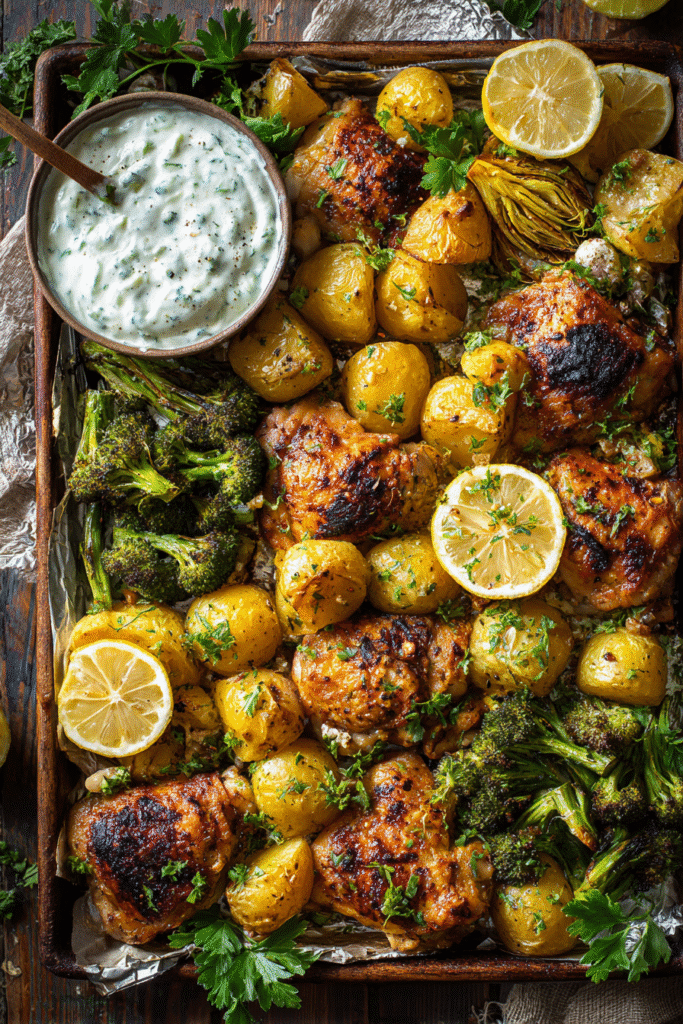 lemon garlic chicken thighs with roasted broccoli and potatoes on sheet pan