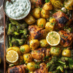 sheet pan lemon garlic chicken with roasted potatoes and broccoli