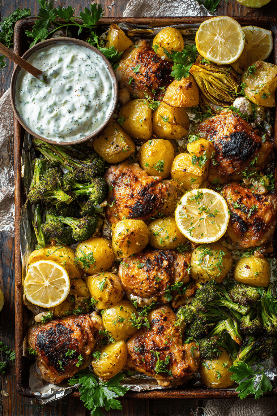 sheet pan lemon garlic chicken with roasted potatoes and broccoli