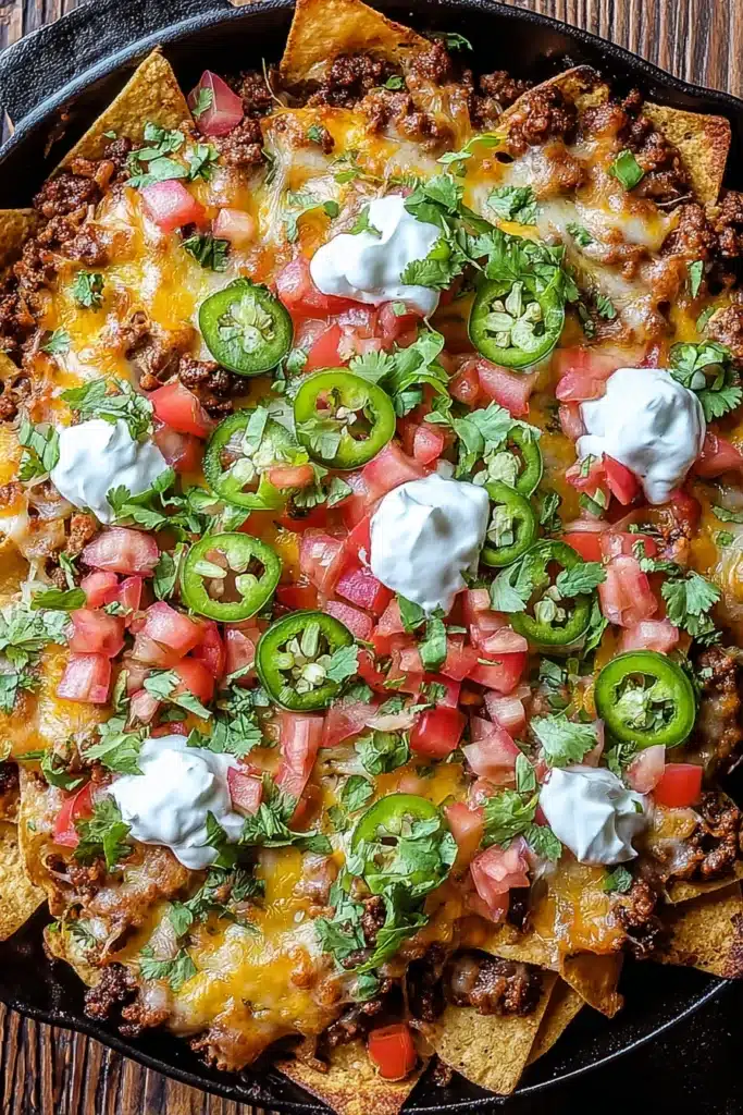 sheet pan nachos recipe with cheese beef and fresh toppings