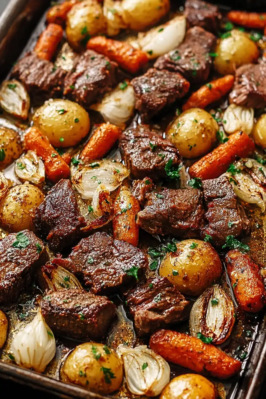 Juicy sheet pan steak with roasted potatoes and carrots
