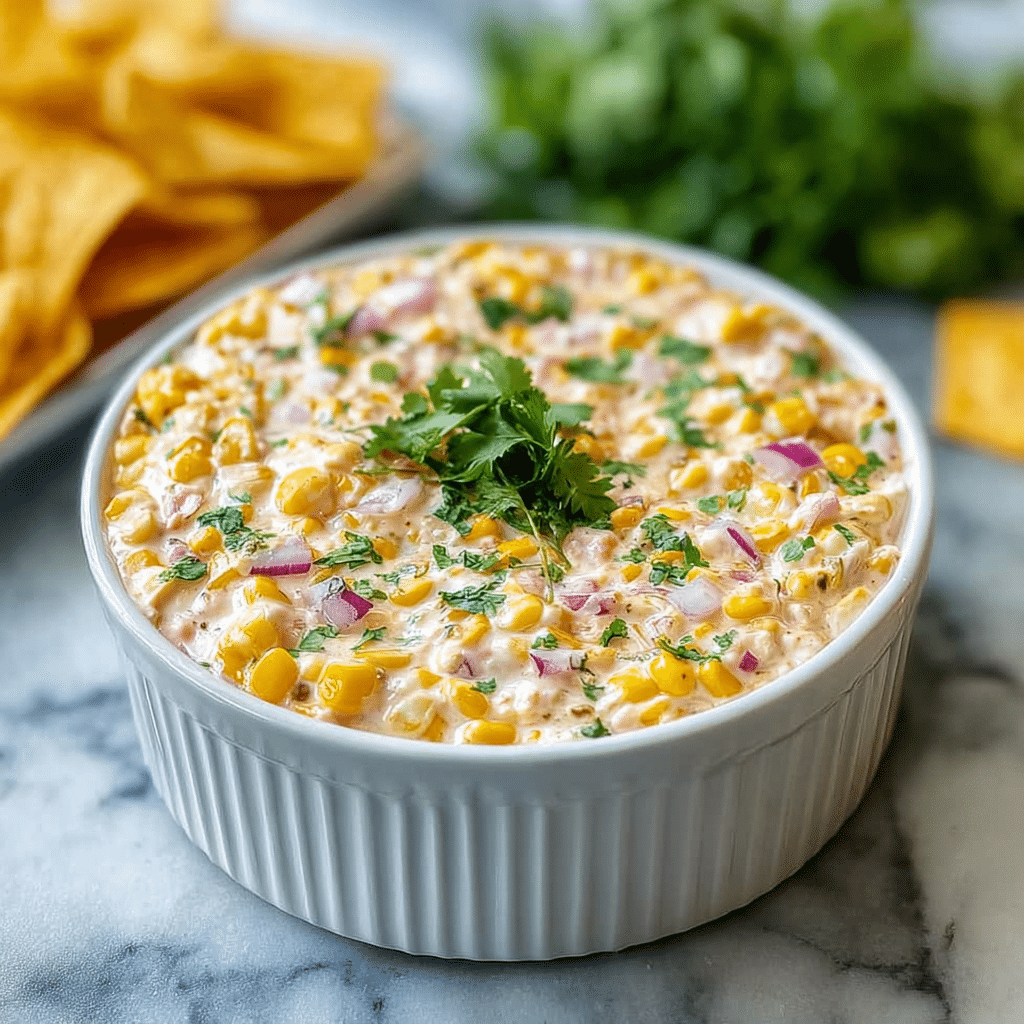 Easy traditional corn dip recipe in white bowl with herbs and tortilla chips