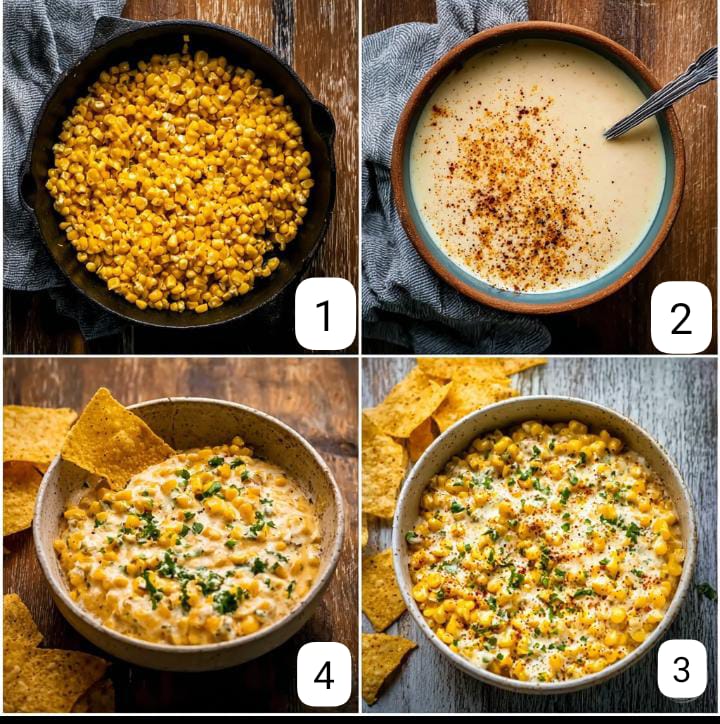 Step by step collage of easy traditional corn dip recipe with roasted corn and creamy sauce