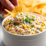 Easy traditional corn dip recipe served with tortilla chips and cilantro