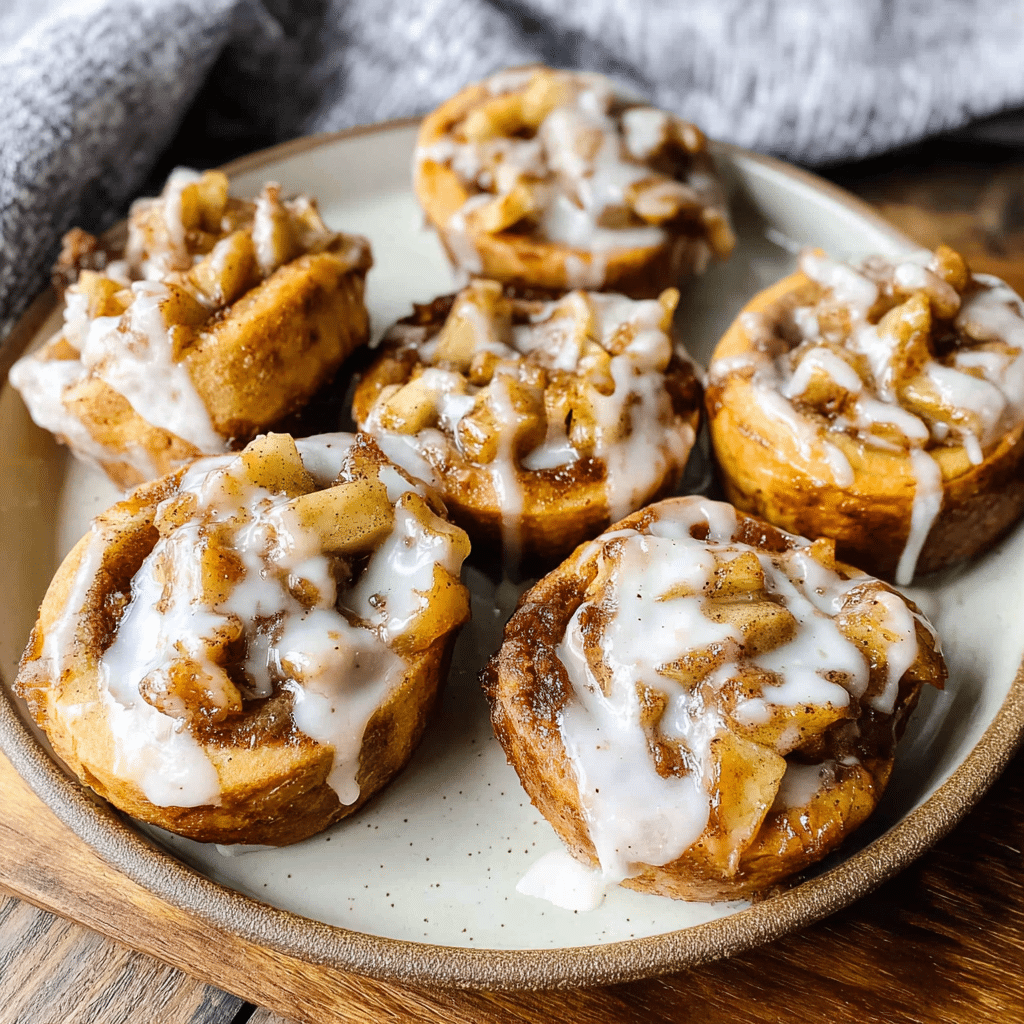 Cinnamon Roll Apple Pie bites topped with icing on a plate