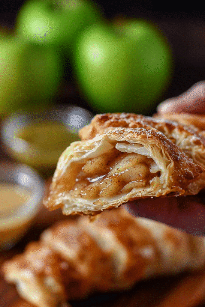 Close up of apple puff pastry with cream cheese and apples showing flaky layers