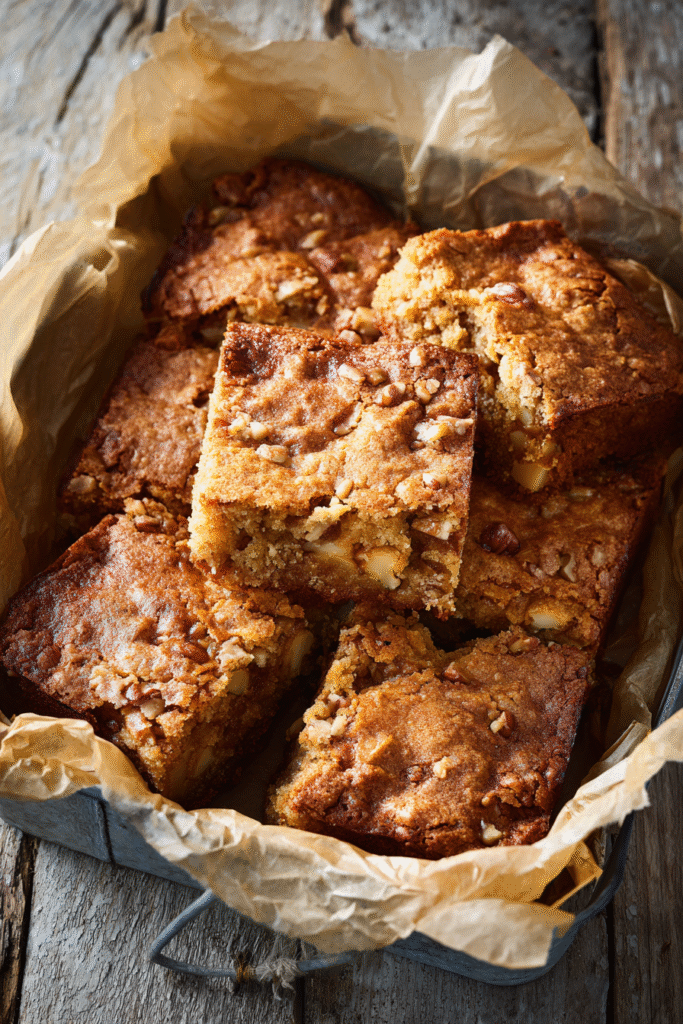 Freshly baked apple brownies in parchment with golden edges and pecans