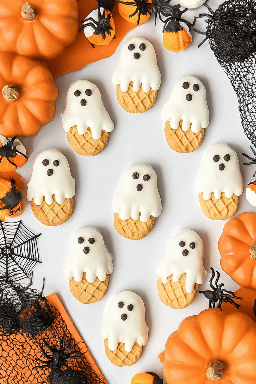 Nutter Butter Ghost Cookies decorated with white chocolate, candy eyes, and Halloween props.