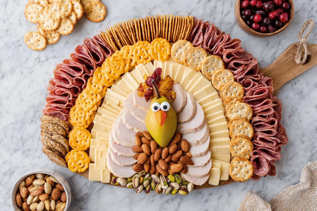Thanksgiving charcuterie board shaped like a turkey with meats cheese and nuts