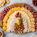 Thanksgiving charcuterie board shaped like a turkey with meats cheese and nuts
