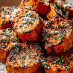 garlic parmesan roasted sweet potatoes with crispy edges and parmesan cheese