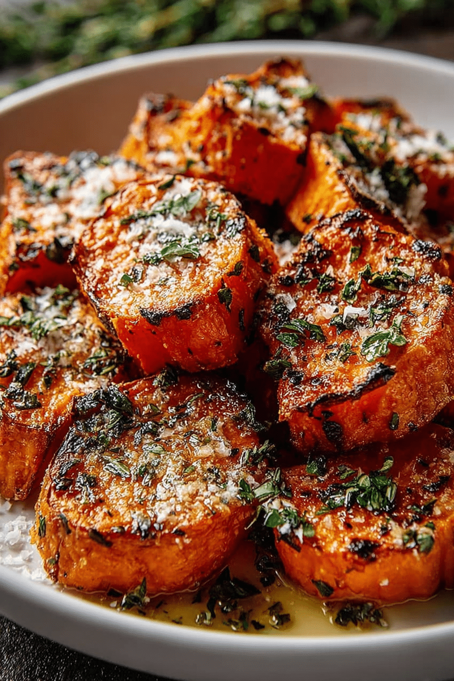 garlic parmesan roasted sweet potatoes with crispy edges and parmesan cheese