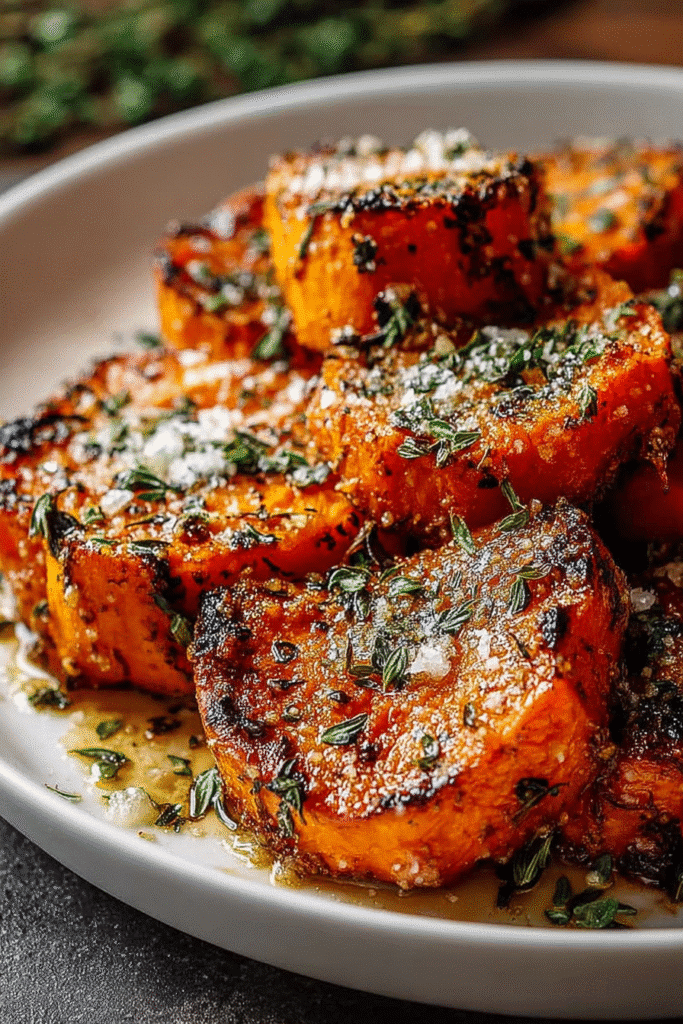 garlic parmesan roasted sweet potatoes with crispy edges and parmesan cheese