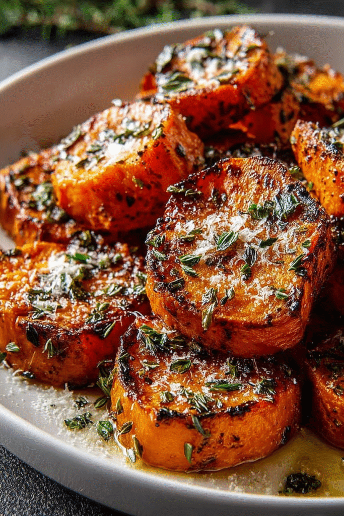 garlic parmesan roasted sweet potatoes with crispy edges and parmesan cheese