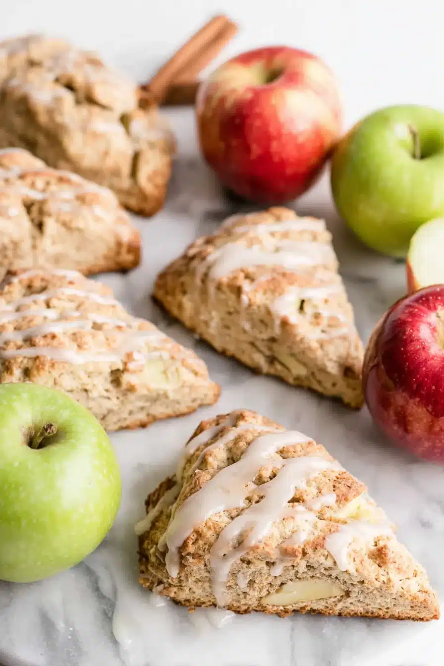 Close-up of apple cinnamon scones with icing, surrounded by fresh apples and cinnamon sticks.