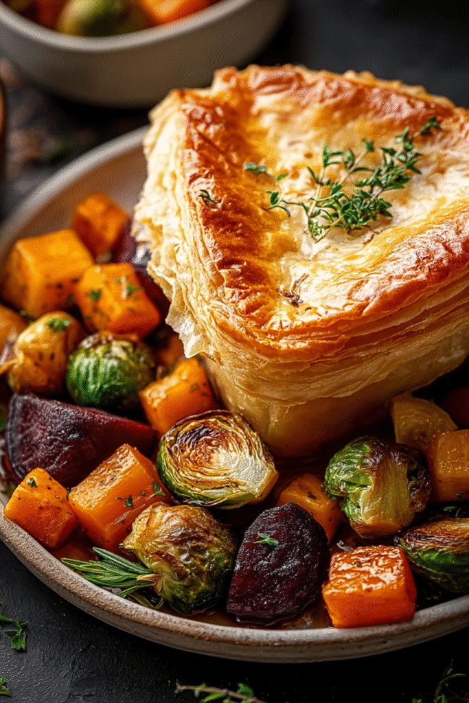 Roasted autumn vegetable pot pies with golden puff pastry and colorful root vegetables, garnished with rosemary and thyme.