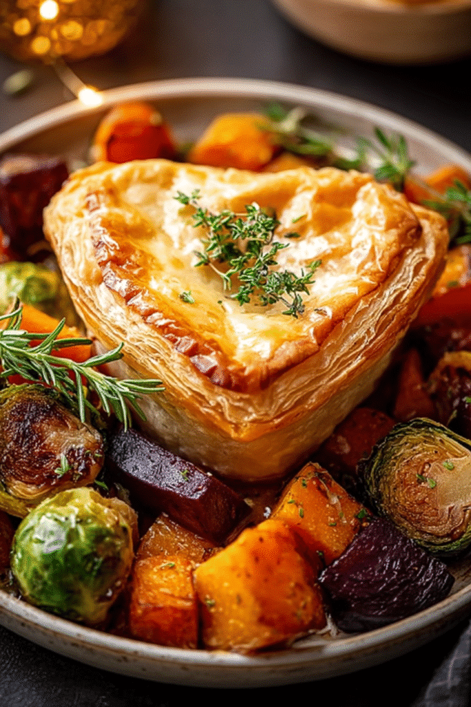 Roasted autumn vegetable pot pies with golden puff pastry and colorful root vegetables, garnished with rosemary and thyme.