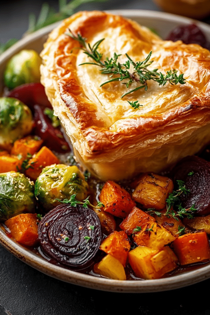 Roasted autumn vegetable pot pies with golden puff pastry and colorful root vegetables, garnished with rosemary and thyme.