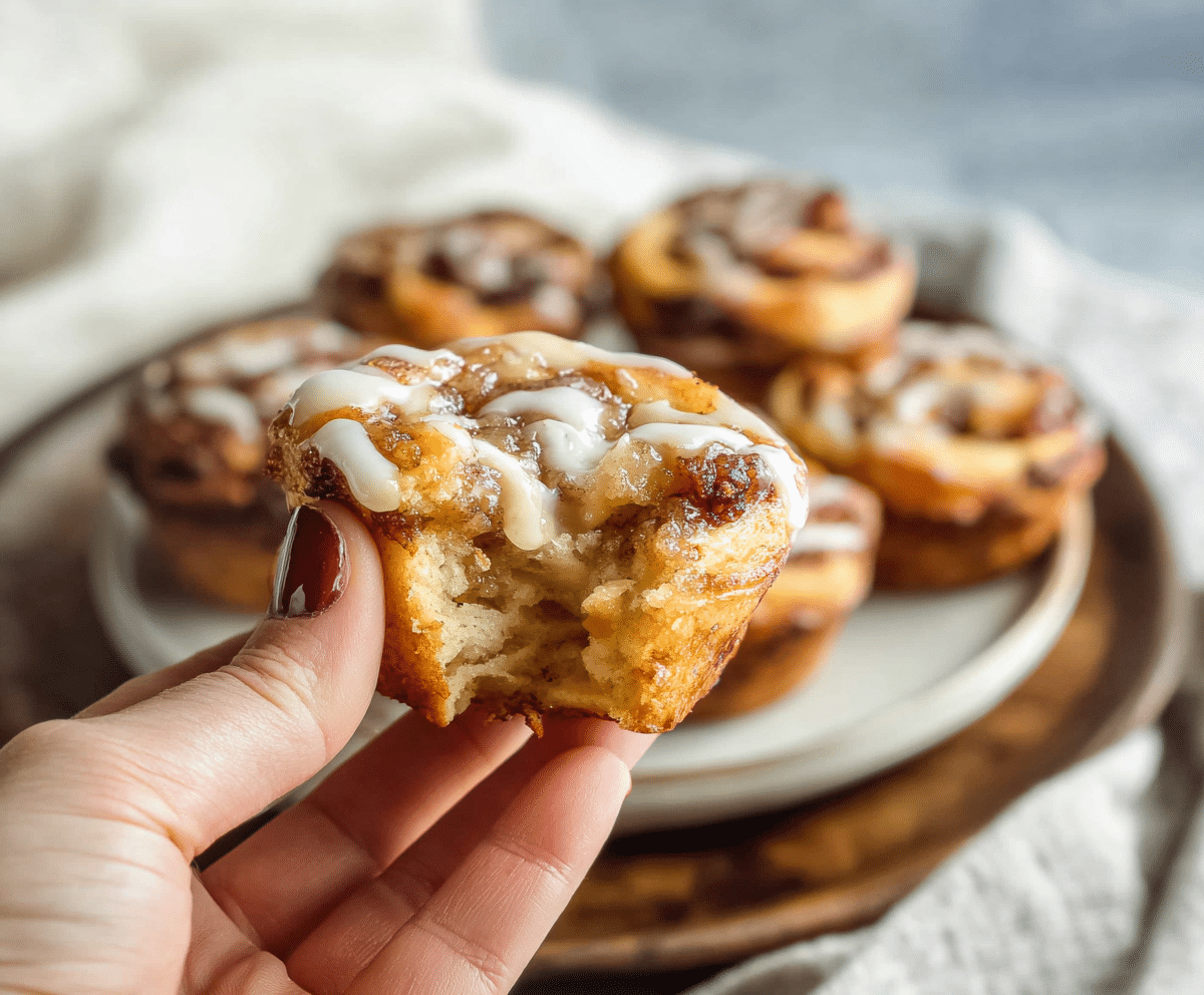 Hand holding a Cinnamon Roll Apple Pie with gooey apple filling