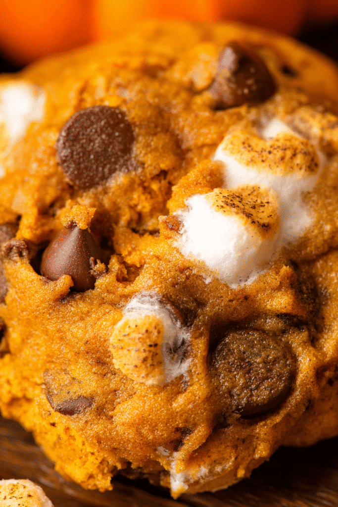 This macro shot captures the irresistible texture of pumpkin s’mores cookies—melty chocolate chips, marshmallow pockets, and soft pumpkin crumb in every bite.