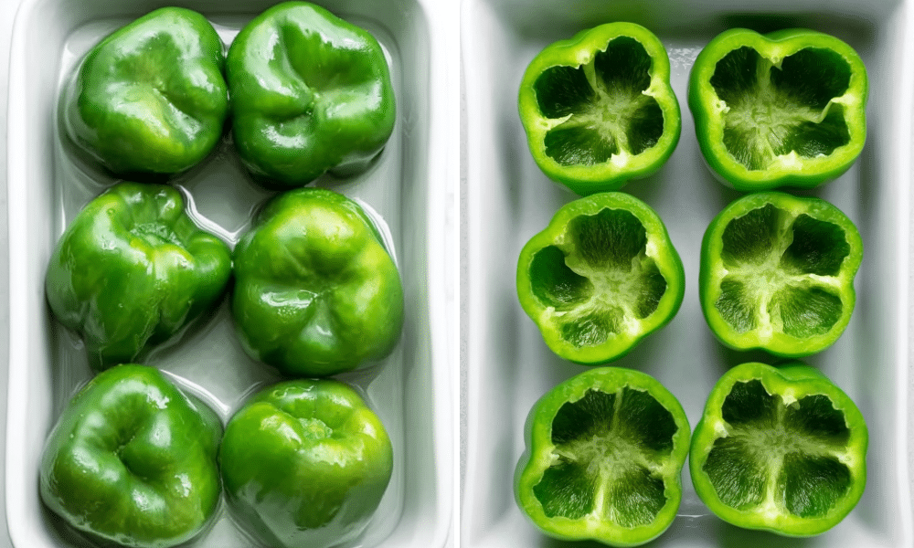 Green bell peppers being steamed upside down and hollowed out for stuffed bell peppers preparation.