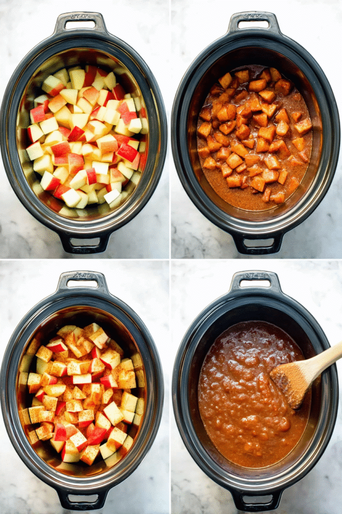 Step-by-step collage of making healthy apple butter in a slow cooker, from chopped apples to smooth blended butter.