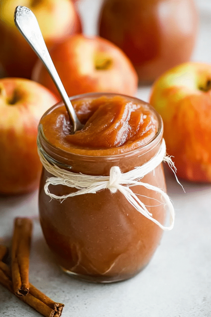Jar of homemade healthy apple butter tied with rustic string and spoon inside, surrounded by fresh apples.