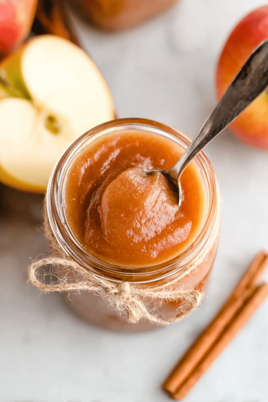 Overhead view of a jar filled with creamy healthy apple butter with spoon inside, rustic string tied around the jar.
