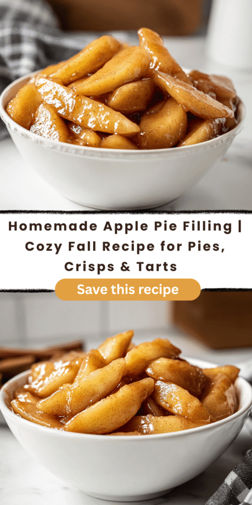 Pinterest pin for homemade apple pie filling recipe with cinnamon-glazed apples in a white bowl.