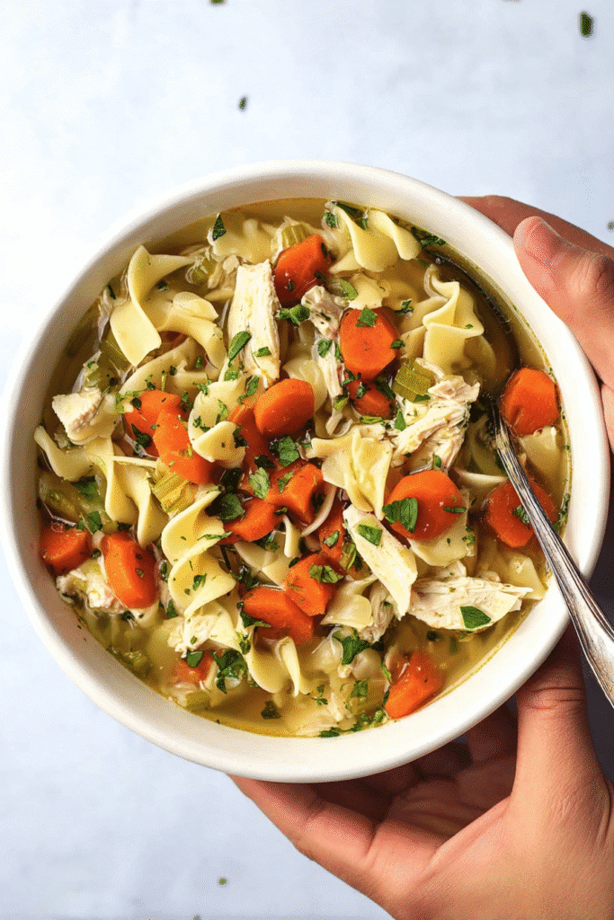 bowl of homemade chicken noodle soup with noodles carrots and chicken for halloween recipe