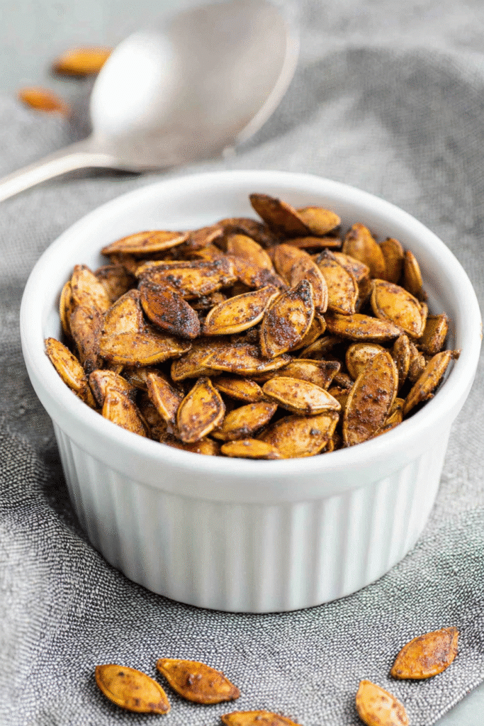 Pumpkin seeds recipe with roasted, crispy seeds served in a white bowl and spoon on a rustic napkin.