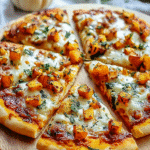 Savory pumpkin pizza topped with roasted pumpkin cubes, melted cheese, and herbs on a wooden board.