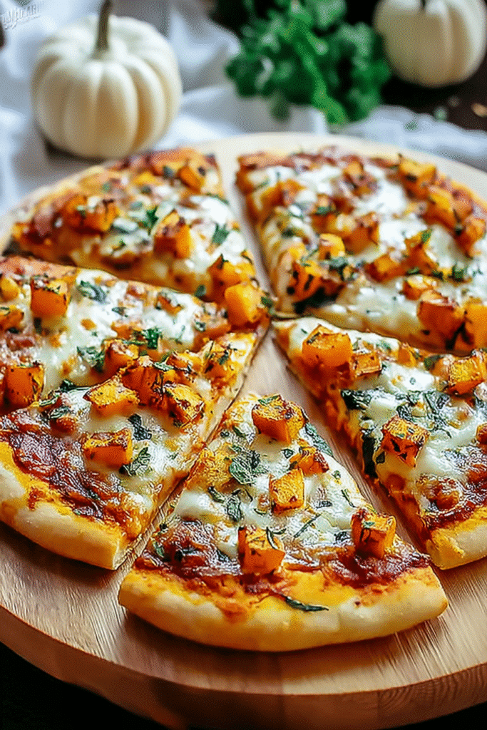 Savory pumpkin pizza topped with roasted pumpkin cubes, melted cheese, and herbs on a wooden board.