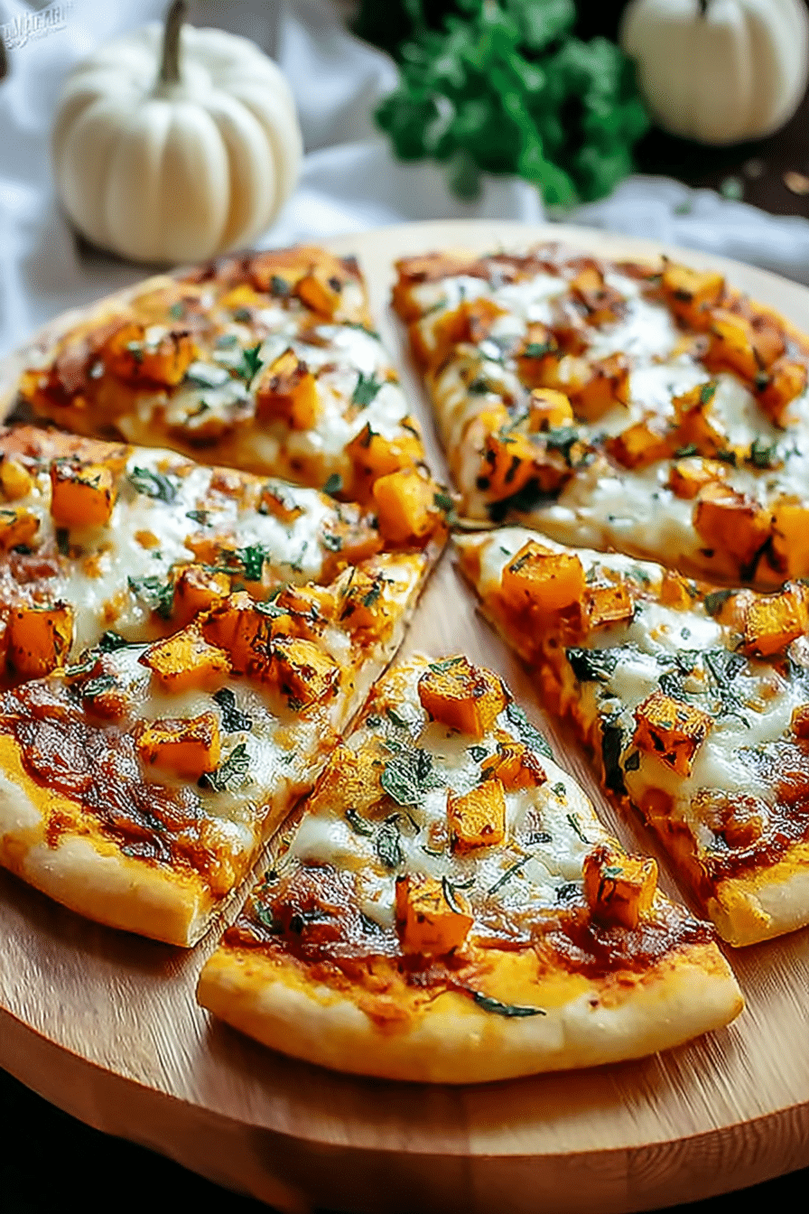 Savory pumpkin pizza topped with roasted pumpkin cubes, melted cheese, and herbs on a wooden board.