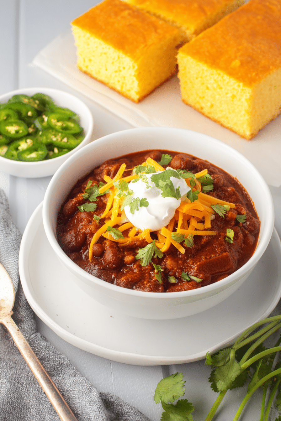 Homemade Stovetop Chili with Cheddar and Cornbread