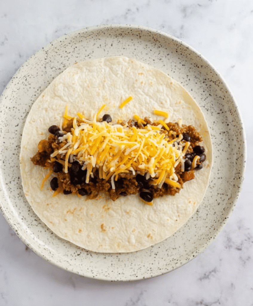 Flour tortilla filled with beef enchilada mixture and shredded cheese on a ceramic plate.