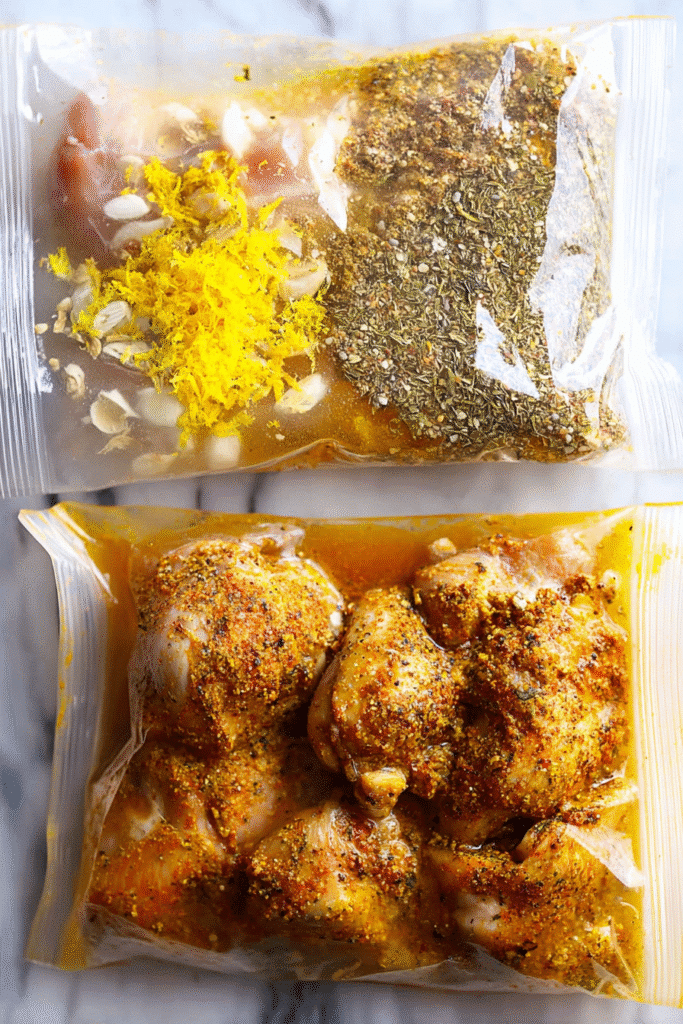 Lemon garlic chicken marinade with spices and chicken in ziplock bags