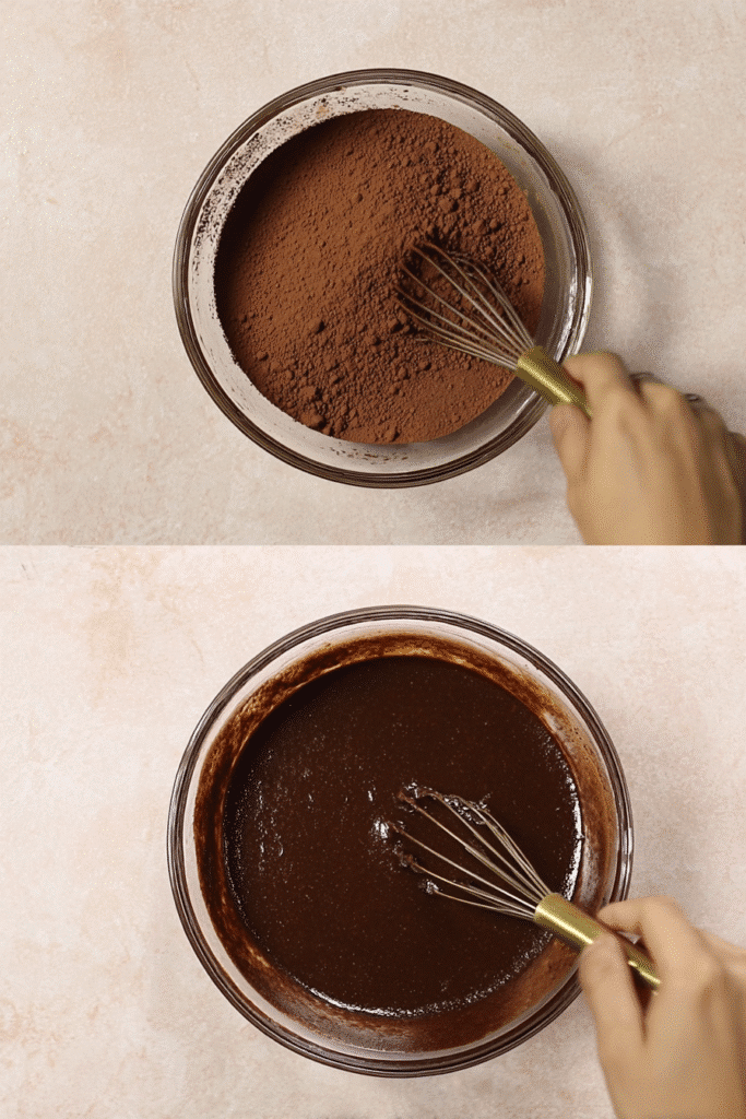 Step-by-step mixing of chocolate pumpkin bread batter with cocoa powder and whisk in a glass bowl.
