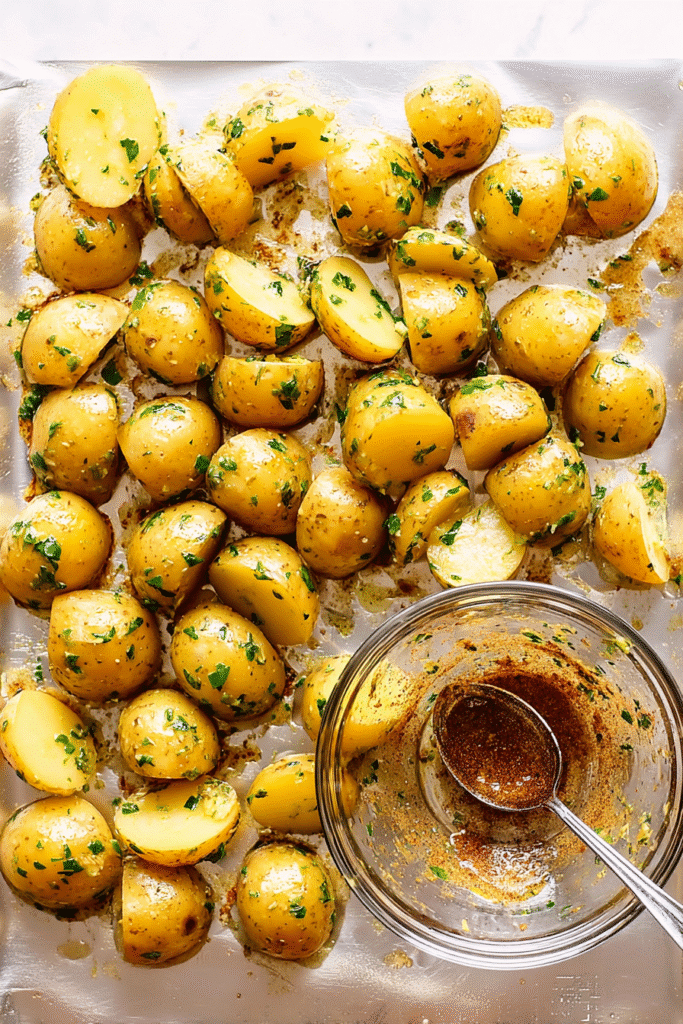Seasoned baby potatoes before roasting on foil-lined baking sheet